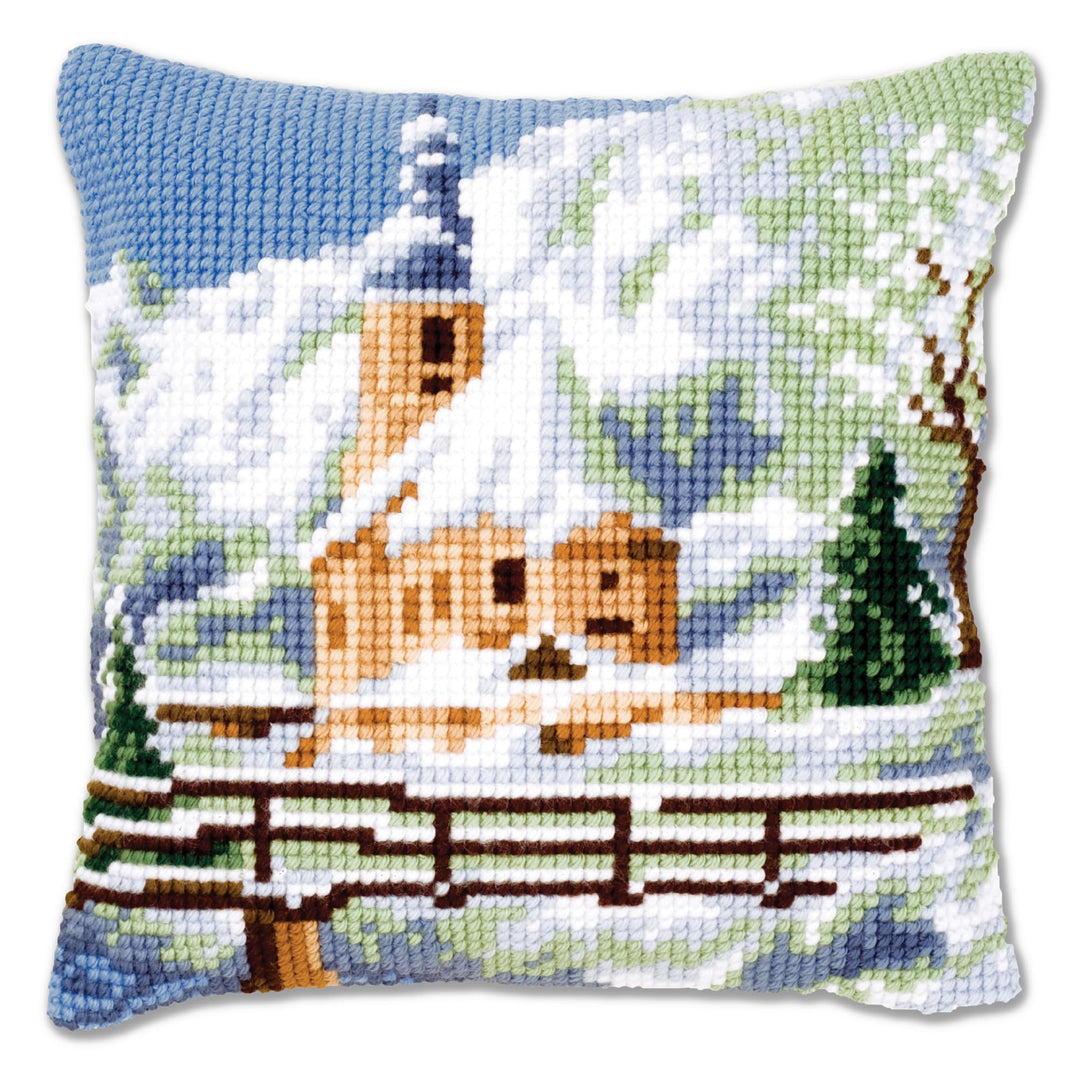 Vervaco Kirche im Schnee Kreuzstichkissen/Stickkissen vorgedruckt, Baumwolle, Mehrfarbig, 40 x 40 x