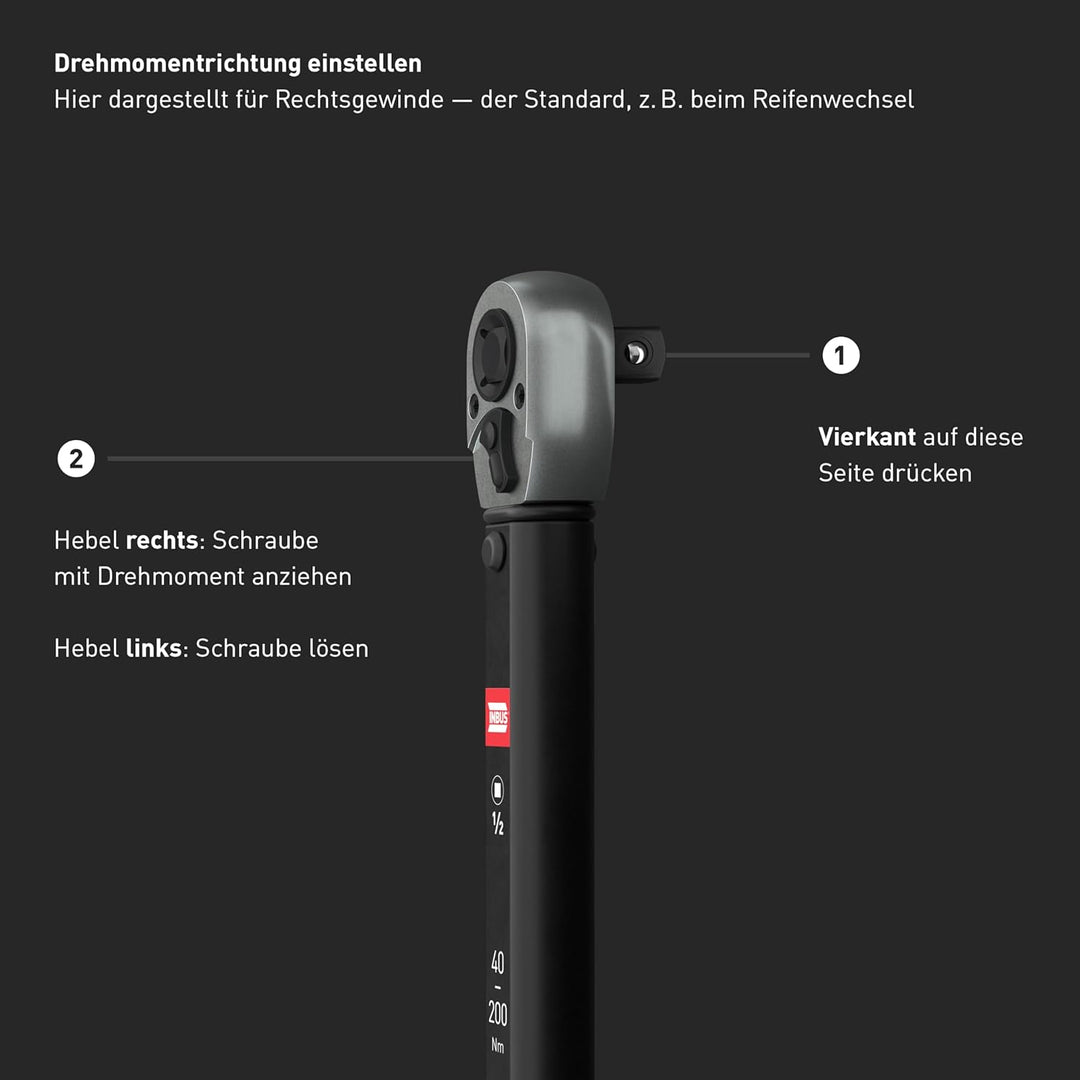 INBUS® 73967 Drehmomentschlüssel 1/2" (40–200 Nm, Links- & Rechtsanzug)