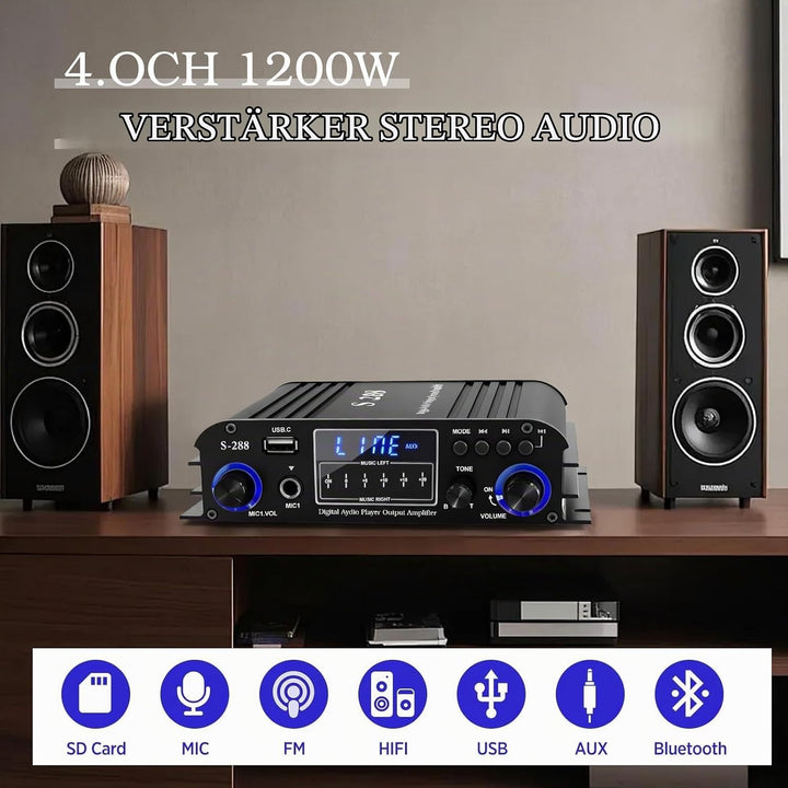 4-Kanal Verstärker, 1200W Audio Leistungsverstärker Bluetooth 5.0, 30Wx4 mit USB/Mikrofon/FM mit Fer