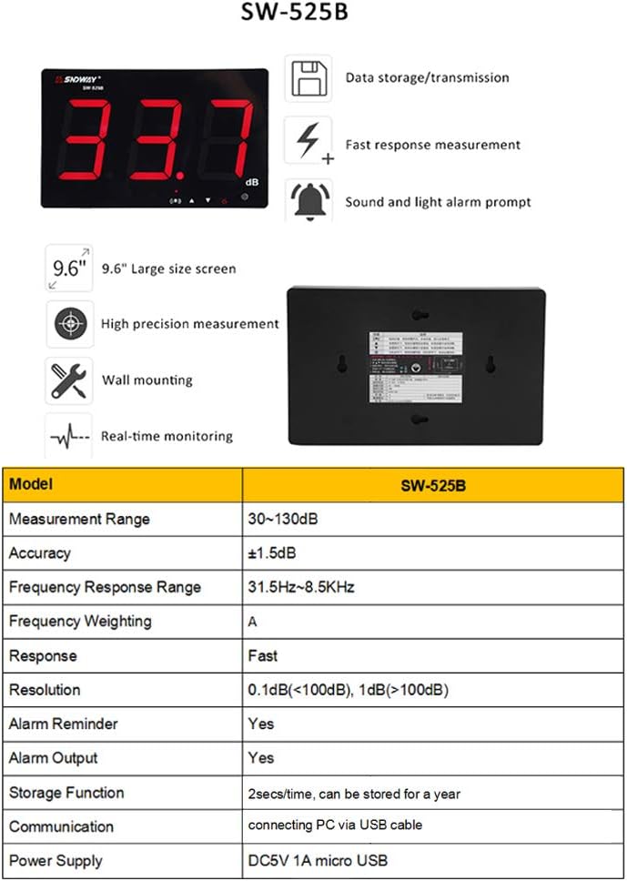 30~130 dB Schallpegelmesser 9,6"LCD Dezibel messgerät display USB Wandbehang Rauschmessung Tester mi