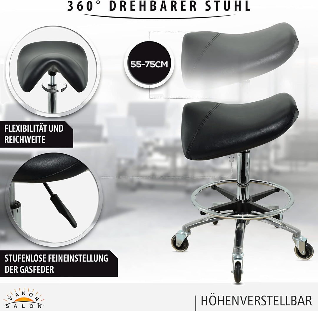 Premium Sattelhocker, Sattelstuhl für Rückenentlastung, Rollhocker höhenverstellbar von 55-75 cm mit