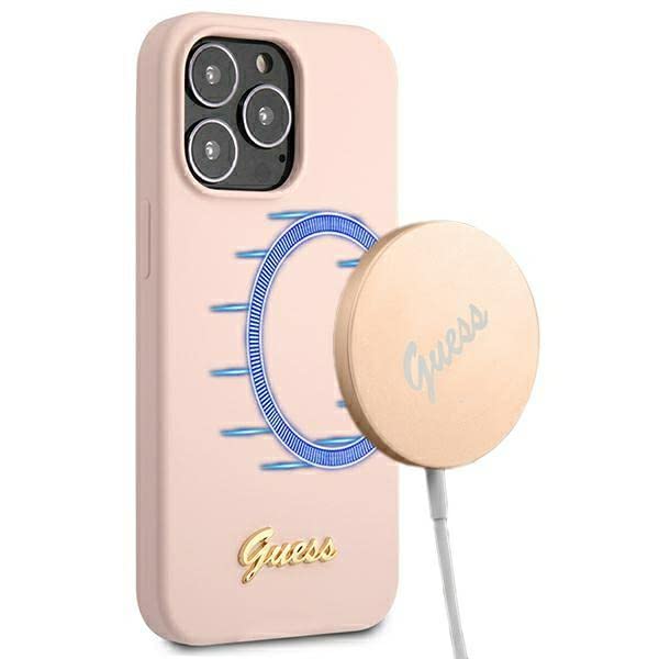 Guess GUHMP13XLSLMGLP Hülle für iPhone 13 Pro Max 6,7" hell-pink Silicone Script Gold Logo Magsafe,