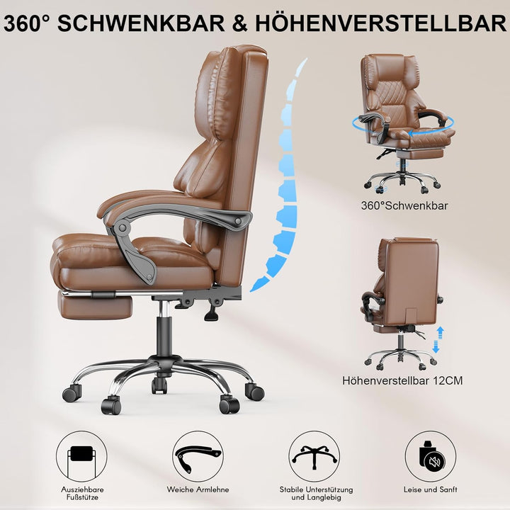 naspaluro Chefsessel Bürostuhl mit Fussstütze, Schreibtischstuhl Ergonomisch, PU Leder Computerstuhl