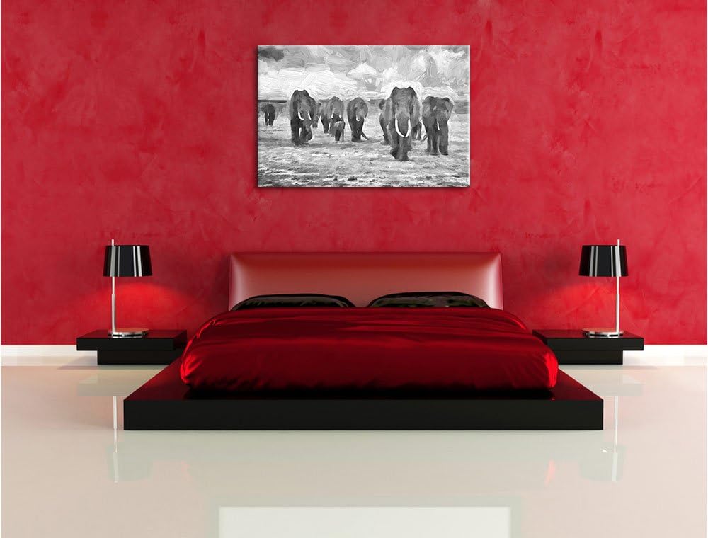 Pixxprint Elefanten Familie in der Savanne als Leinwandbild/Grösse: 100x70 cm/Wandbild/Kunstdruck/fe