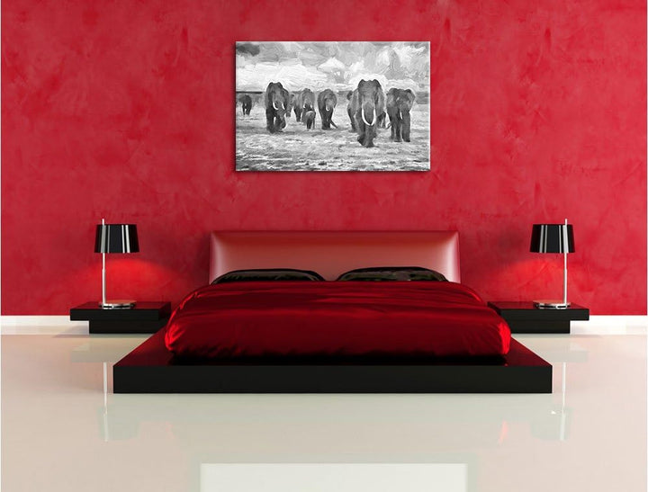 Pixxprint Elefanten Familie in der Savanne als Leinwandbild/Grösse: 100x70 cm/Wandbild/Kunstdruck/fe