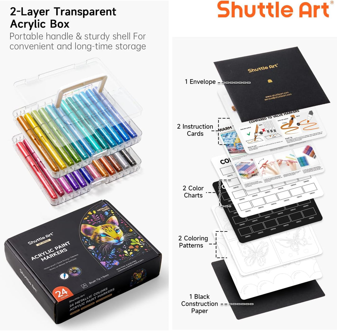 Shuttle Art 24 Metallic Acrylstifte für Steine wasserfest, Steine bemalen Stifte Set mit automatisch
