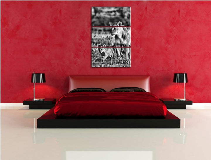Pixxprint Monocrome, Löwenmutter mit Jungtieren 3-Teiler Leinwandbild 120x80 Bild auf Leinwand