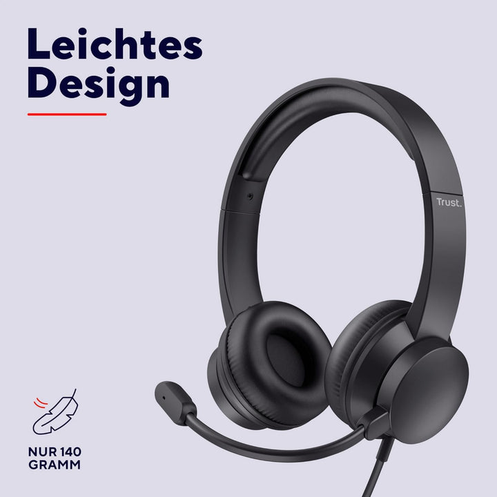 Trust Roha II USB Headset mit Mikrofon On-Ear Leichtes Design, Verstellbarer Kopfbügel, Kopfhörer mi