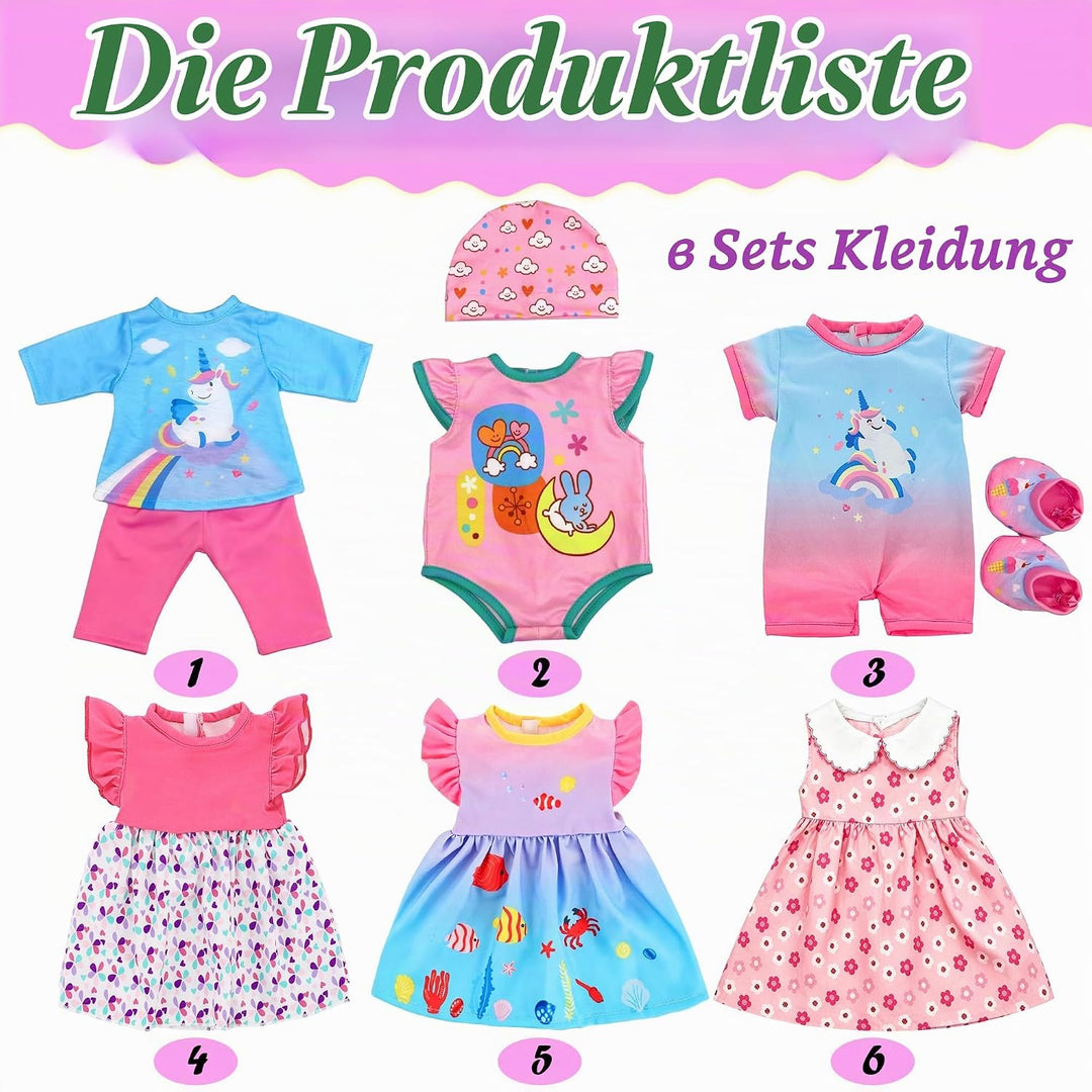 6er Baby Doll-Kleidungs- und Accessoires-Set für 13-16-Zoll-Puppen mit Kleidung, Hut, Socken und Ove