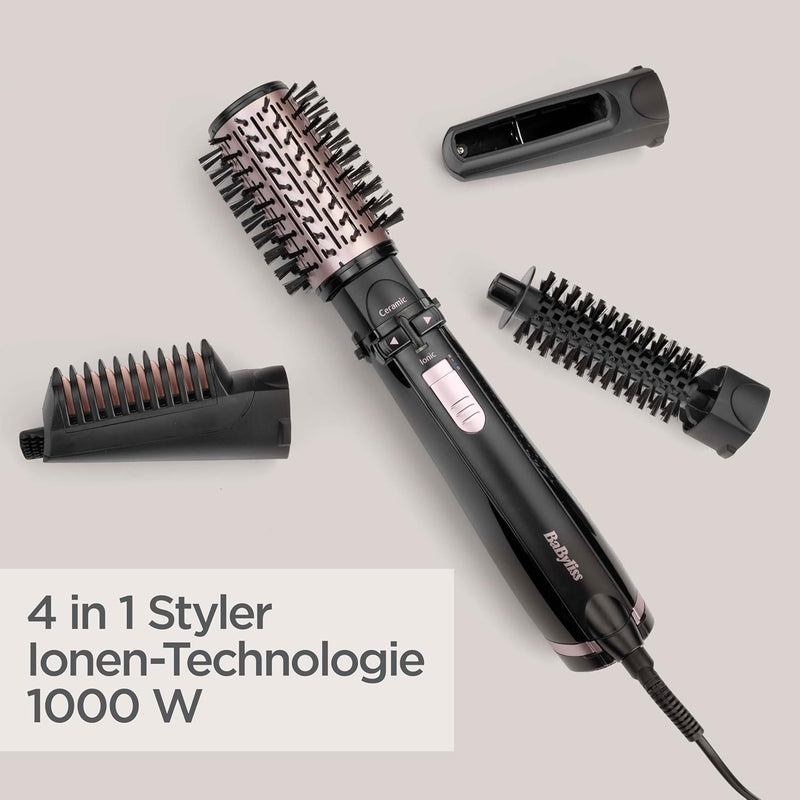 BaByliss rotierende Warmluftbürste mit 1000 Watt und 4 Aufsätzen zum Trocknen, Glätten, Formen und f
