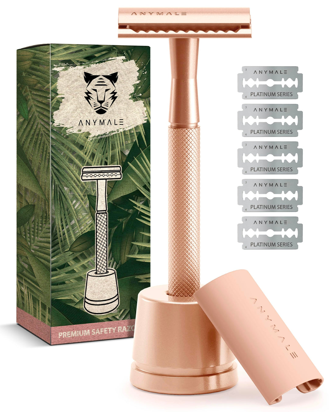 ANYMALE® Rasierhobel Rosegold Edition - Damen Set mit Ständer und 5 ASTRA Klingen - Plastikfreier Ra