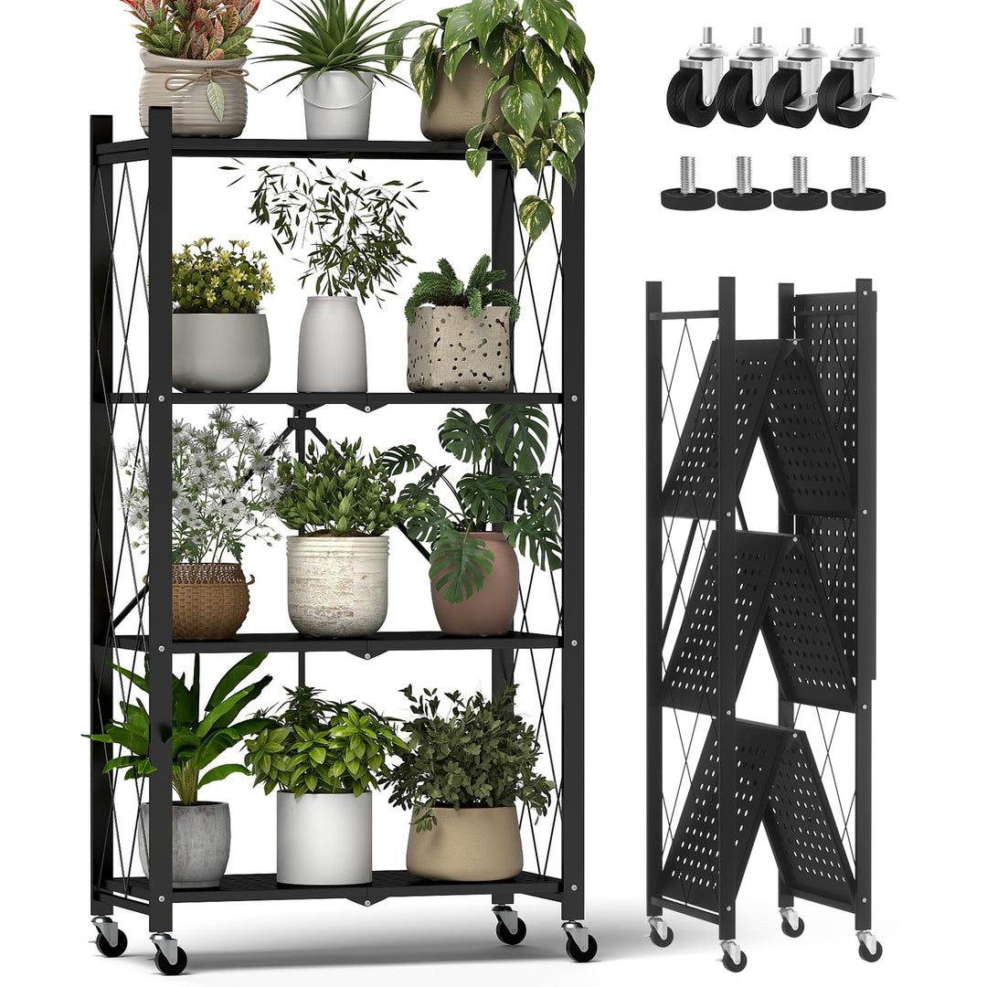 ALANNG Blumenständer mit Rädern, 4 Ablagen Stabiler Pflanzenständer, Metall Pflanzenregal Indoor Ein