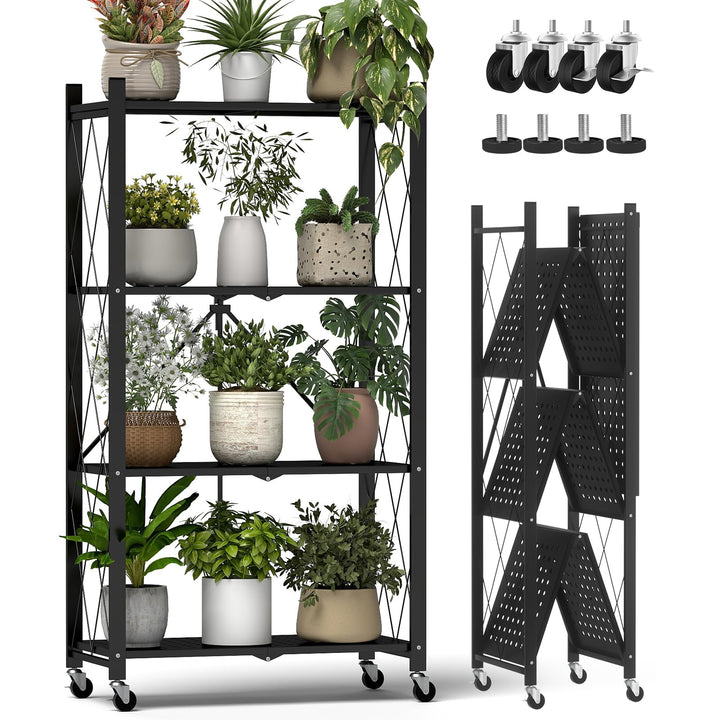 ALANNG Blumenständer mit Rädern, 4 Ablagen Stabiler Pflanzenständer, Metall Pflanzenregal Indoor Ein