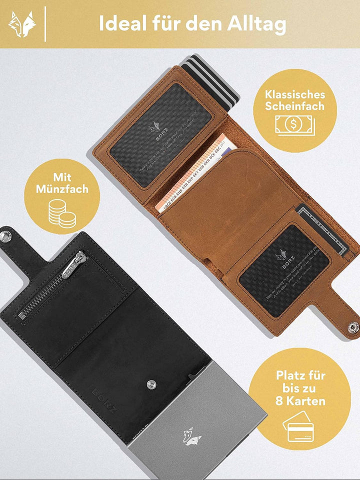 BORZ Prime ® Slim Wallet mit Münzfach AirTag kompatibel I Kartenetui mit RFID Schutz I Mini Geldbörs