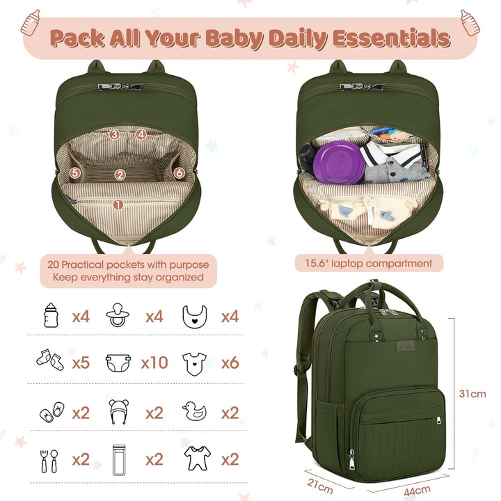 RAINSMORE Baby Wickelrucksack Gross Wickeltasche Rucksack mit Kinderwagengurten und Wickelunterlage