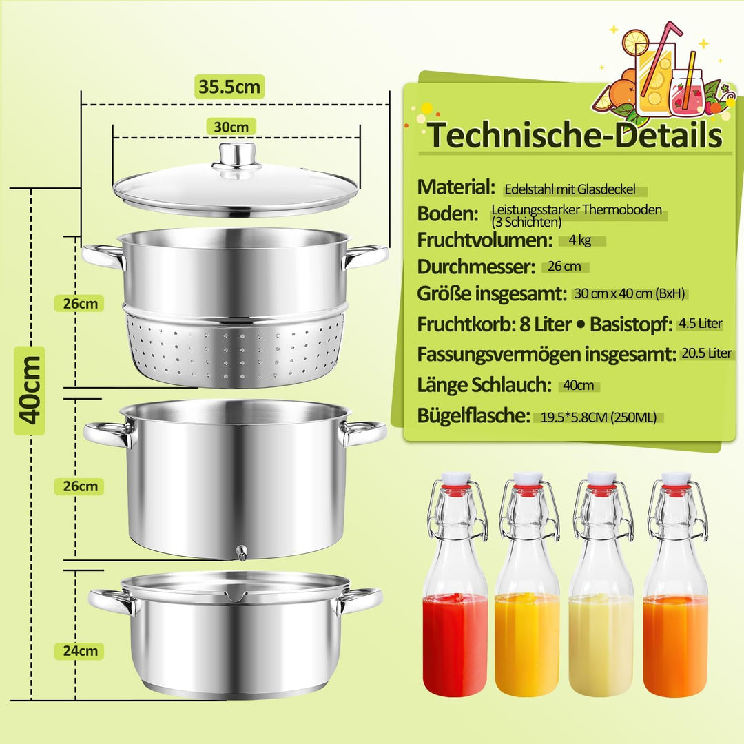 Dampfentsafter Ø26 16L Edelstahl Entsafter Saftpresse Inkl 4 Bügelflasche, für alle Herdarten geeign