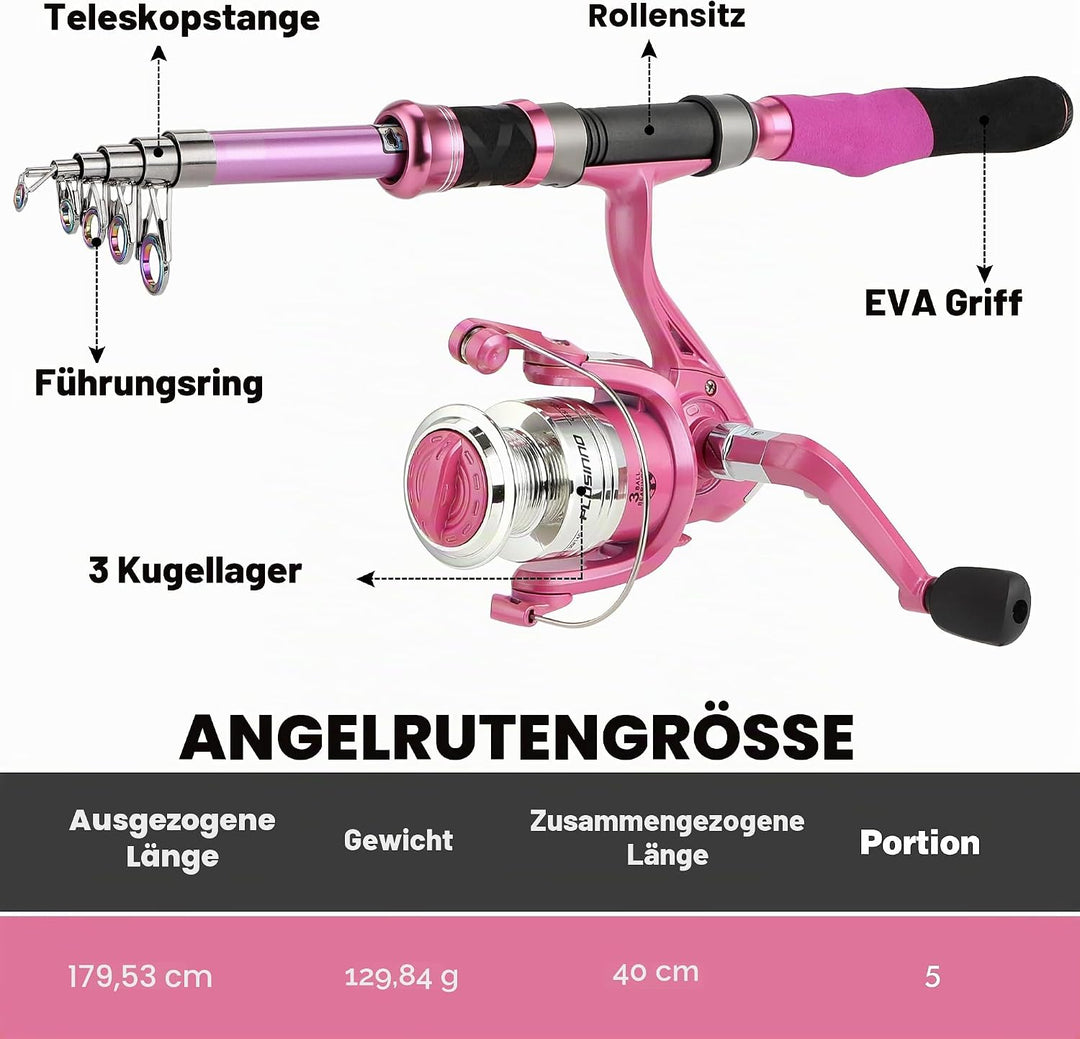 PLUSINNO Teleskop-Angelrute und -rolle für Damen, rosafarbene Angelrute Rosa 2.1M 6.86Ft fishing ful