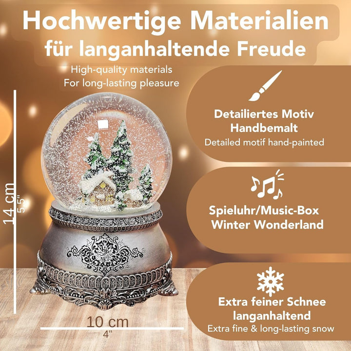 Hüttenzauber Schneekugel mit Musik | Nostalgische Winterhütte im Winterwald in Schüttelkugel| Sockel