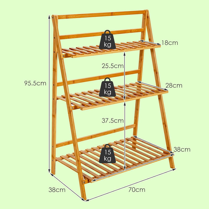 HOMASIS Pflanzregal mit 3 Ebenen, Faltbares Blumenregal, Bambus-Pflanzenständer Outdoor Indoor, Leit