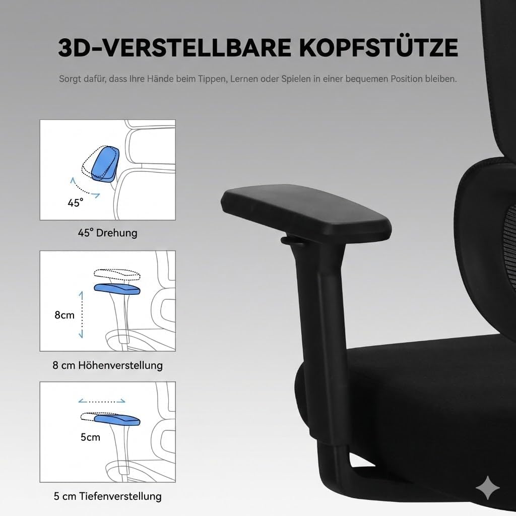 MUSSO E600AIR Ergonomischer Bürostuhl, hohe Rückenlehne, Heimbürostuhl mit adaptiver Lendenwirbelstü