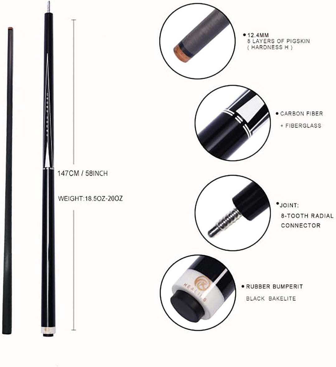 OKHEALING Professional T700 Carbon Fibre Billardqueue, Länge 147 cm, Kopfdurchmesser 12,4 mm, 8 Edel