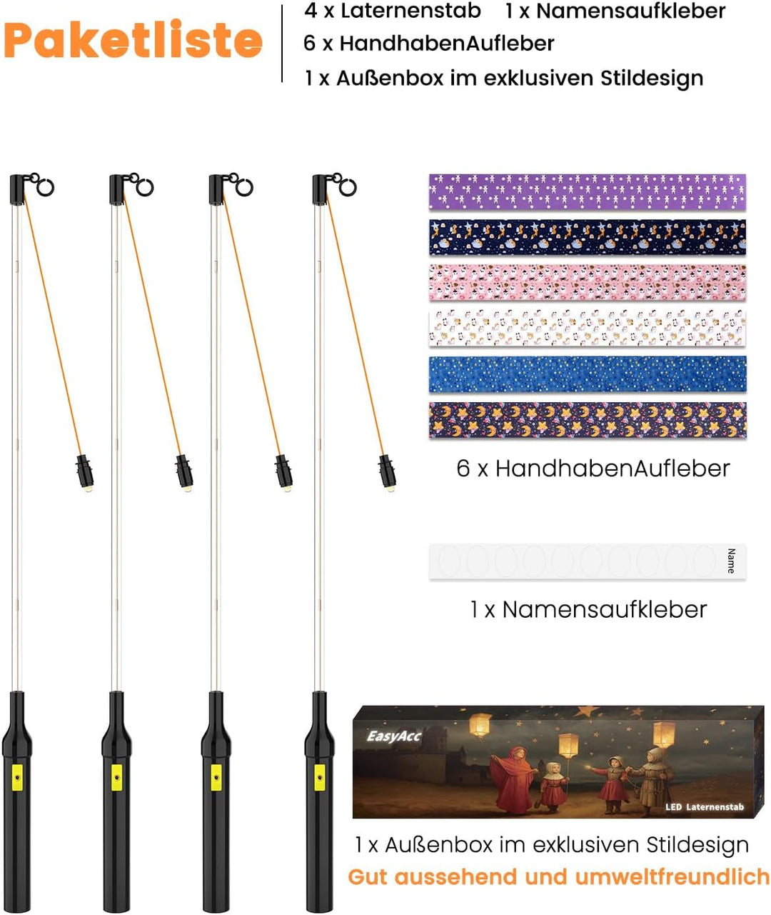 EasyAcc 4er Elektrischer Laternenstab LED DIY Aufkleber Laternenstab 50cm für St Martin Laterne Kind