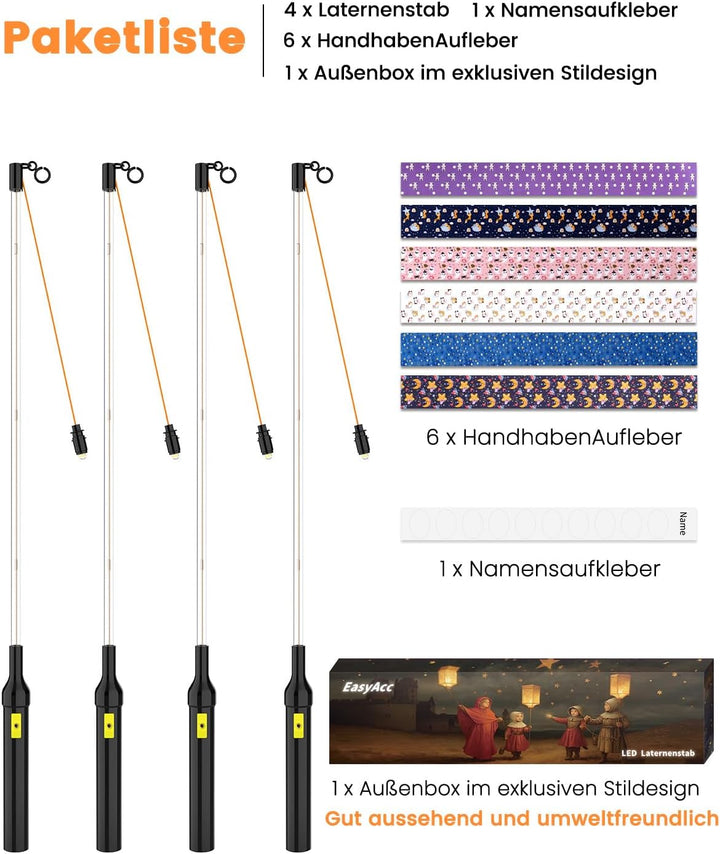 EasyAcc 4er Elektrischer Laternenstab LED DIY Aufkleber Laternenstab 50cm für St Martin Laterne Kind