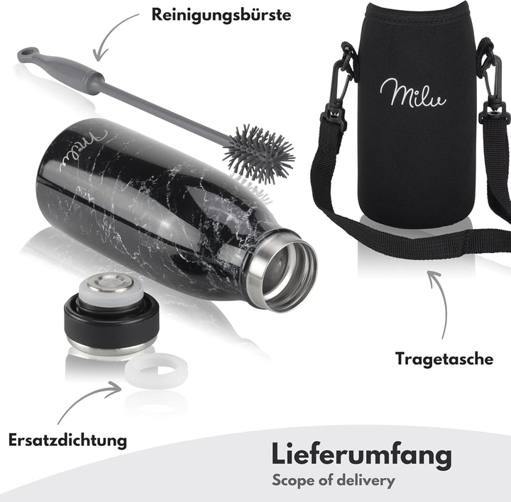 Milu Edelstahl Trinkflasche 350ml, 500ml, 750ml, 1L, 1,5L – Thermosflasche für Kinder Erwachsene aus