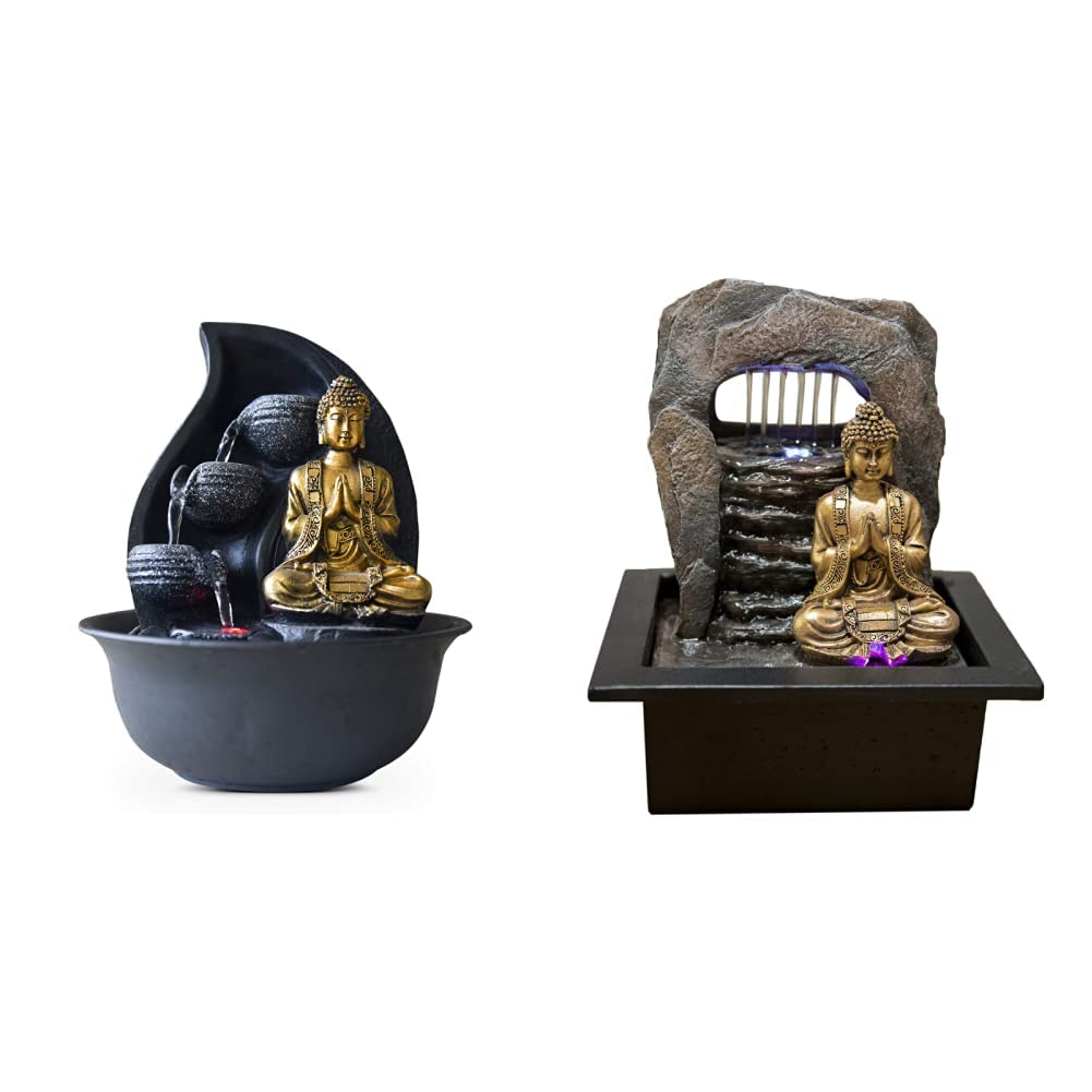 Zen Light Praya Zimmerbrunnen mit Pumpe und LED-Beleuchtung, Kunstharz, Gold &amp; Zen&