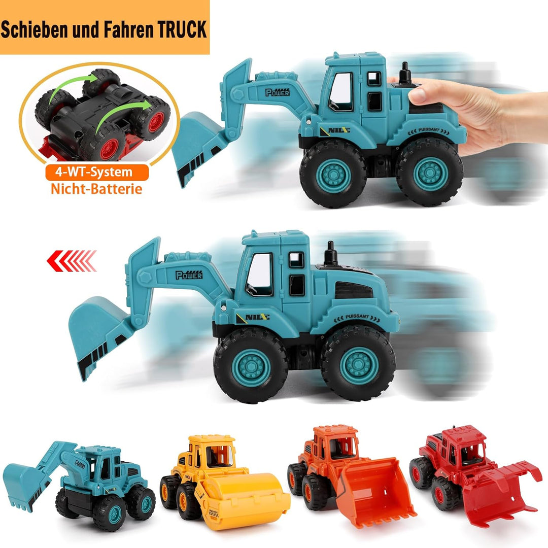 4 Stück Bagger Spielzeug, Push and Go Baufahrzeuge Spielzeug, Minibagger Spielzeugauto Auto Spielzeu