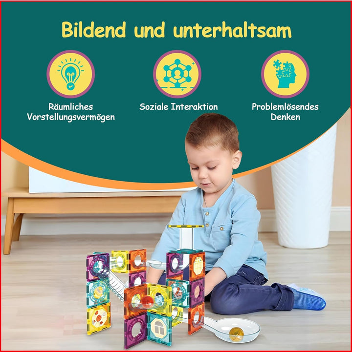 Olvy Magnetische Bausteine Montessori Spielzeug - 100 Magnetic Tiles Kinder - Murmelbahn Magnetische