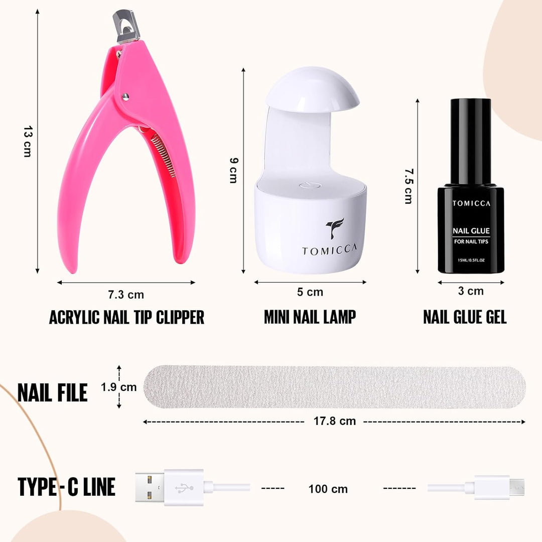 TOMICCA Nail Tips und Kleber Gel Kit - Extension Set mit Mini Nagellampe, 2 in 1 Nagelkleber, 500 PC