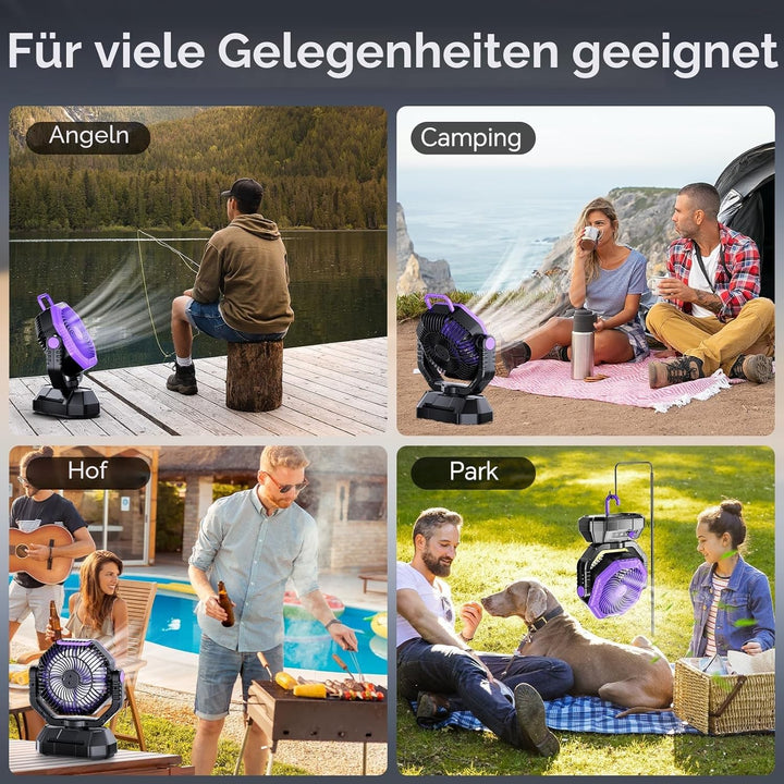 AJVV Camping Ventilator mit akku 20000mAh, Akku Ventilator mit Fernbedienung/LED Licht/270° Drehung,