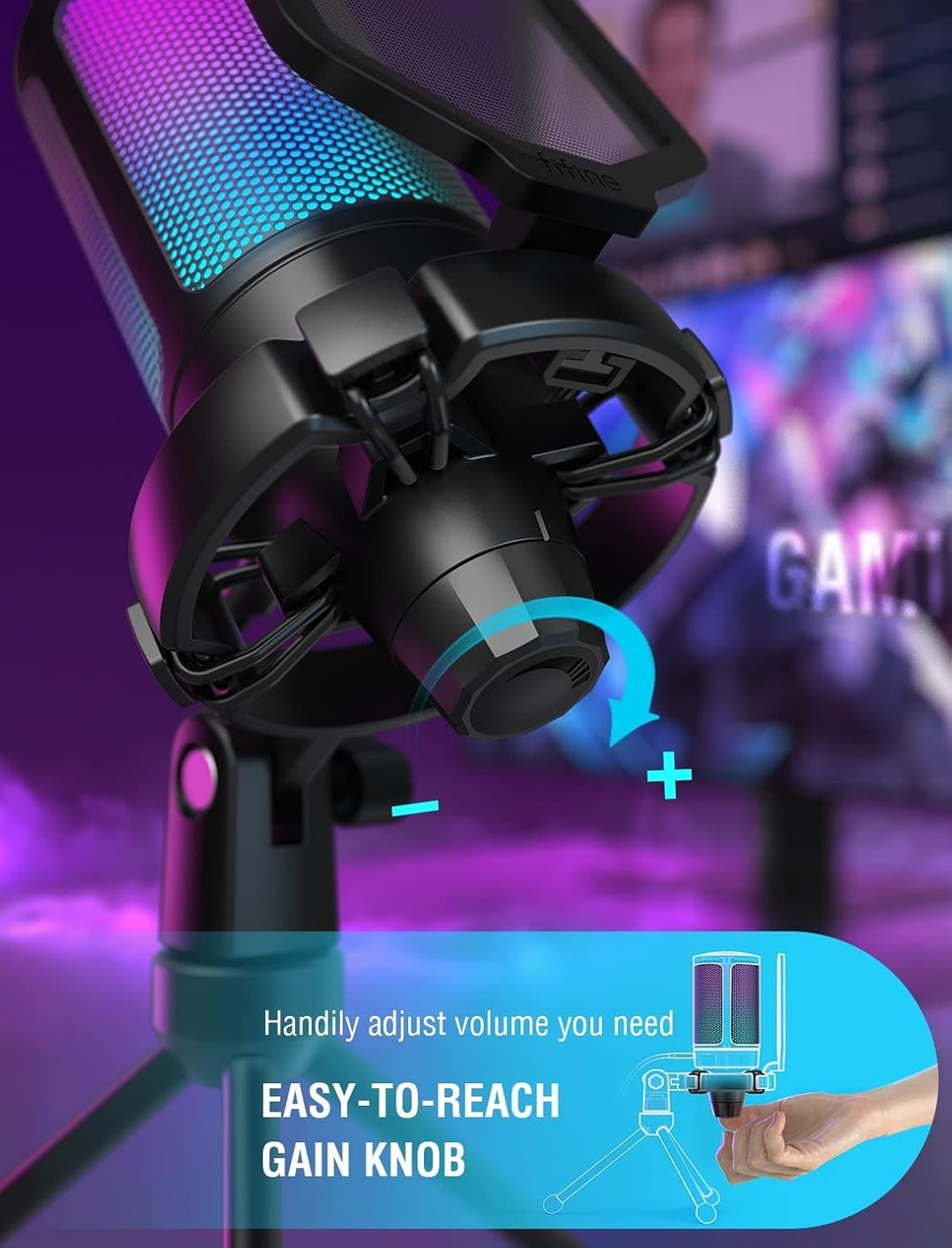 FIFINE USB Gaming Mikrofon, RGB Kondensator Mikrofone PC PS4 PS5, USB C Microphone mit Stummschaltta