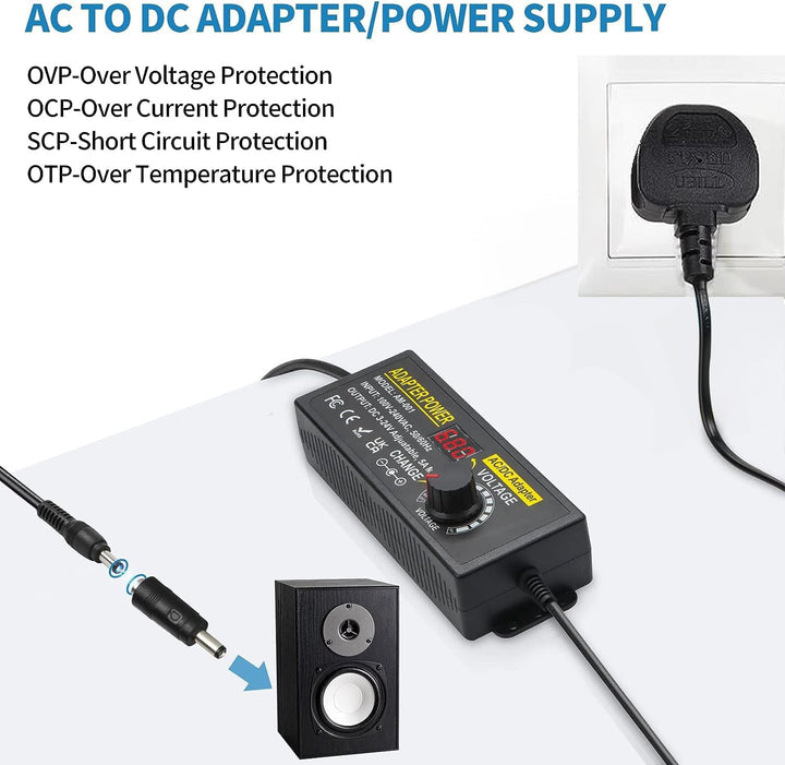 Einstellbares Netzteil, 3V-24V 5A 120W Einstellbares Netzadapter, Universal AC/DC Netzteiladapter,10