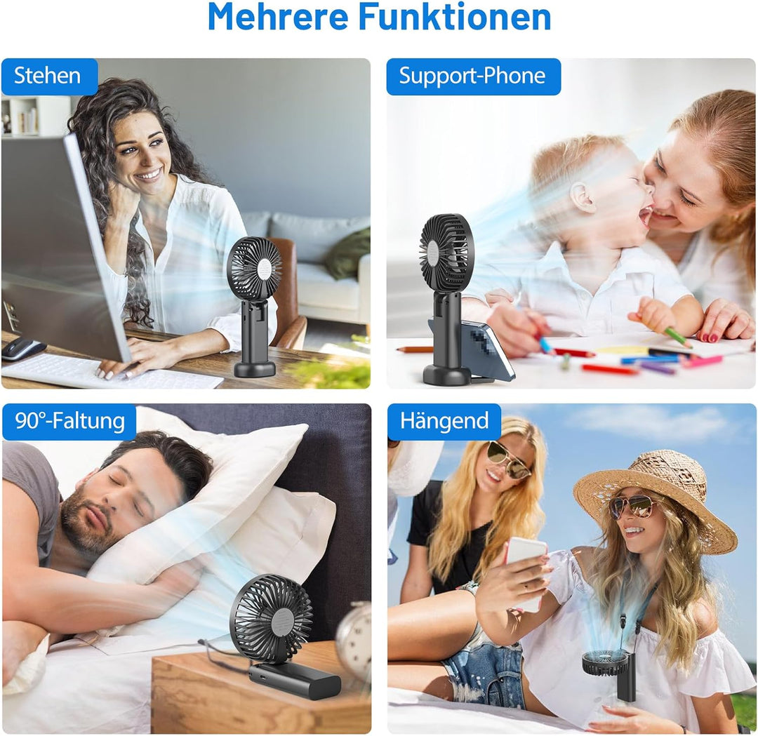 Timiyou Handventilator Mini Tragbarer USB-Lüfter mit 3000mAh Akku – Faltbar, Wiederaufladbar, 90° Ve