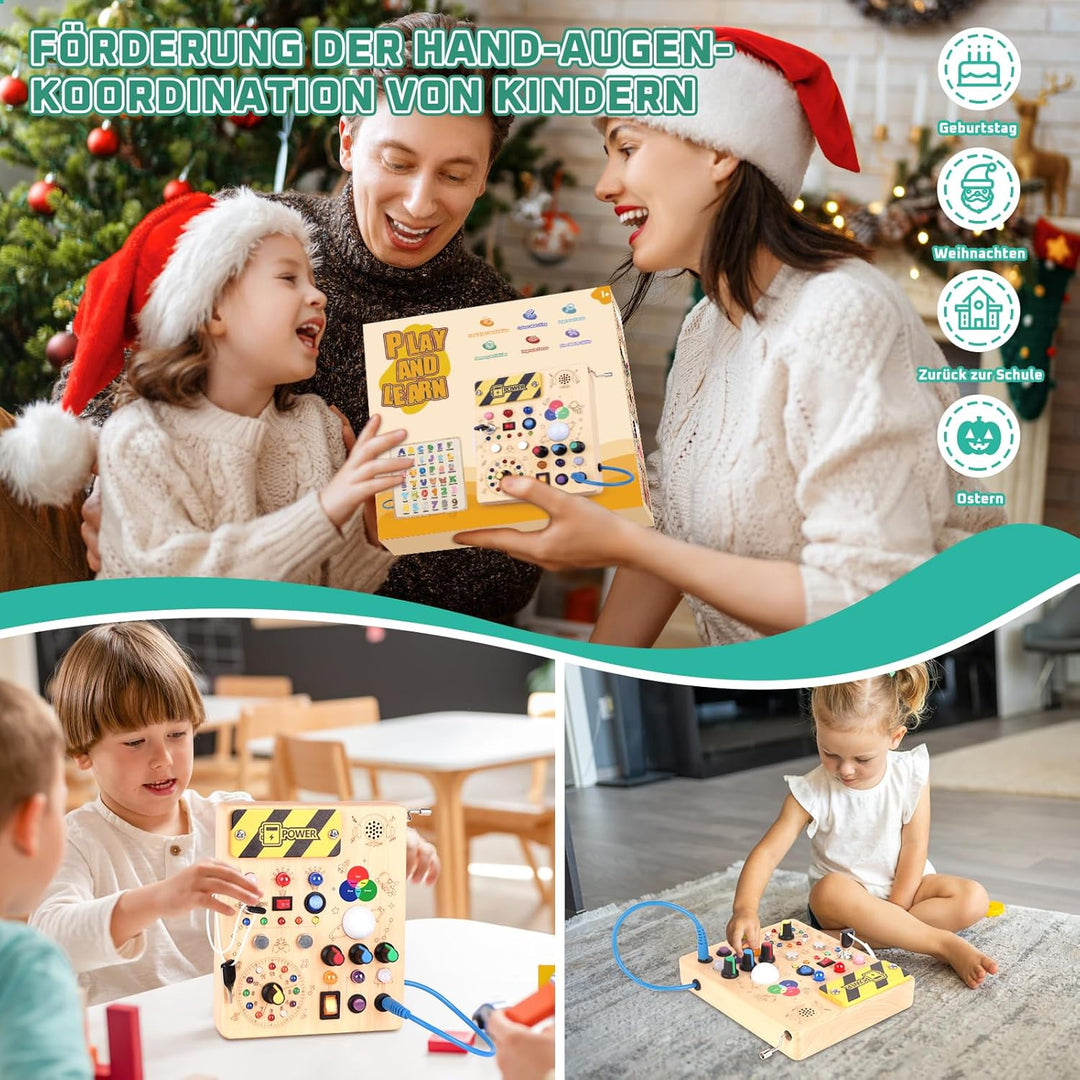 Konijiwa Montessori Busy Board Spielzeug ab 1 Jahr Activity Board Holzspielzeug mit 12 Schalter 24 L