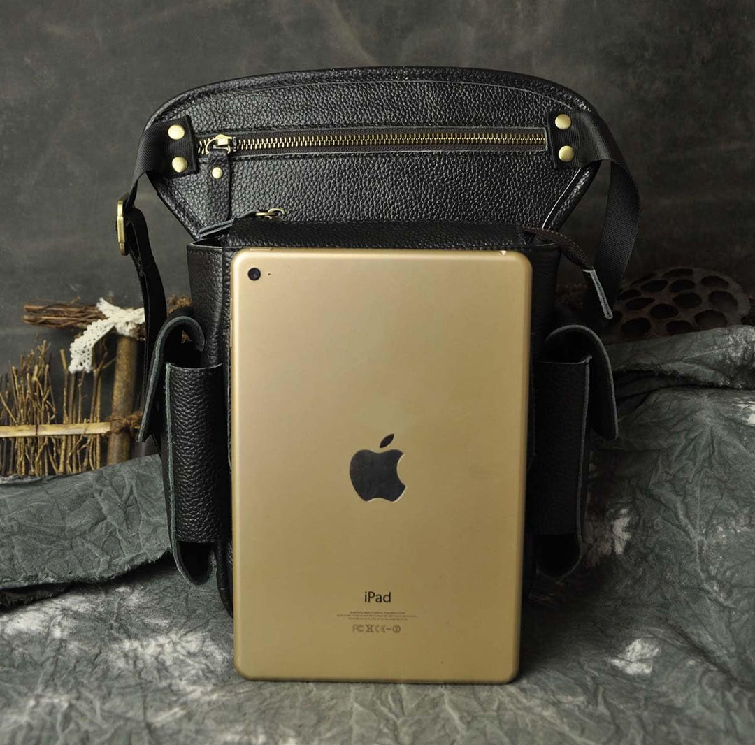 Le'aokuu Herren Echtes Leder Hüfttasche Gürteltasche Bauchtasche Reissverschluss Motorrad Messenger