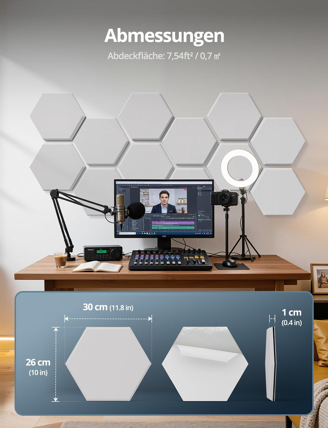 Kuchoow Hexagon Akustikpaneele Selbstklebend mit Schweres Vinyl Schalldämmung 12 Stück Wand Weiss, A