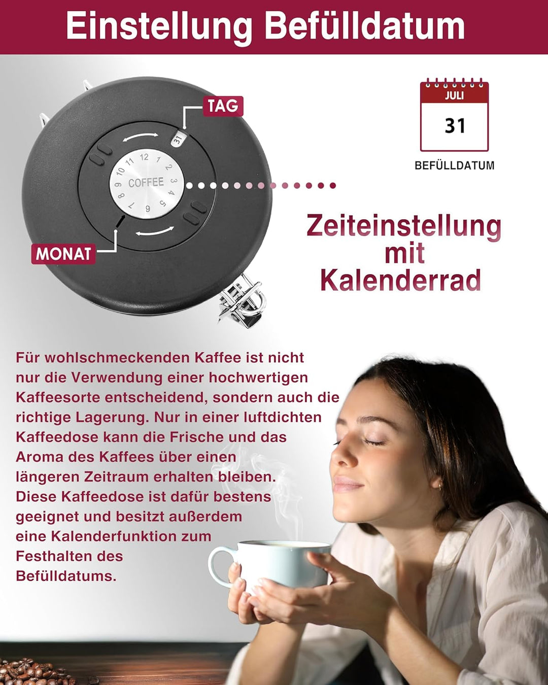 Kaffeedose luftdicht 500g - Schwarz - Kaffeebohnen Vorratsbehälter 1,5L aus Edelstahl mit Kalenderfu