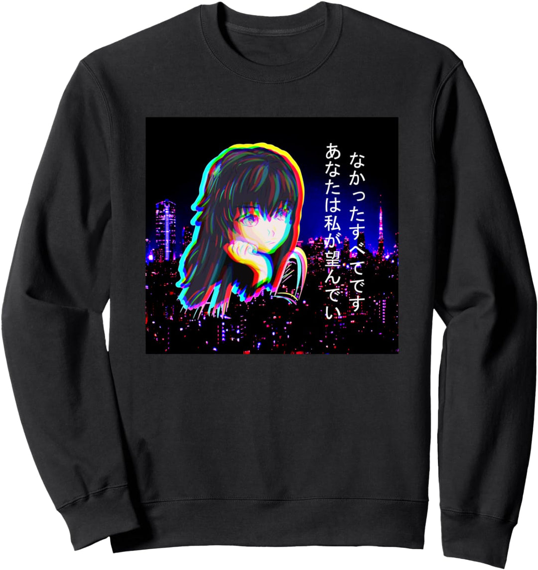 Vaporwave Anime Mädchen japanische Kanji Lofi Glitch Tokio Sweatshirt