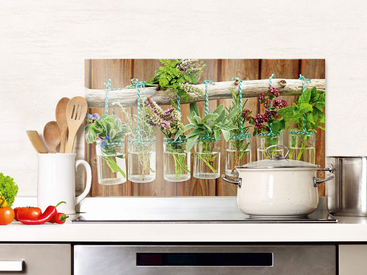 GRAZDesign Spritzschutz Küche Glas Frische Kräuter Braun Holz Optik, Küchenrückwand Glas für Herd un