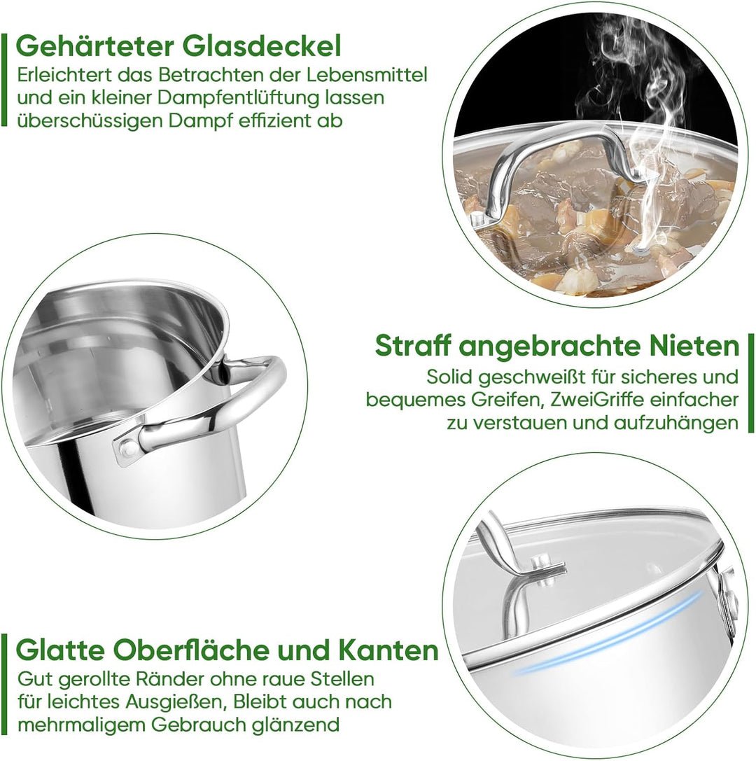 24cm Kochtopf, Onader 3-Lagiger Boden Edelstahl Topf Induktion mit Glasdeckel, 5,6L Nudeltopf Suppen