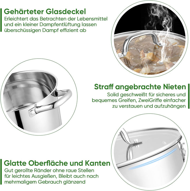 24cm Kochtopf, Onader 3-Lagiger Boden Edelstahl Topf Induktion mit Glasdeckel, 5,6L Nudeltopf Suppen