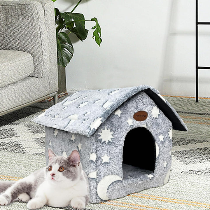 Plüsch Katzenhaus mit Waschbarem Kissen Tragbare Katzenhütte mit Rutschfestem Boden Weiches und Warm