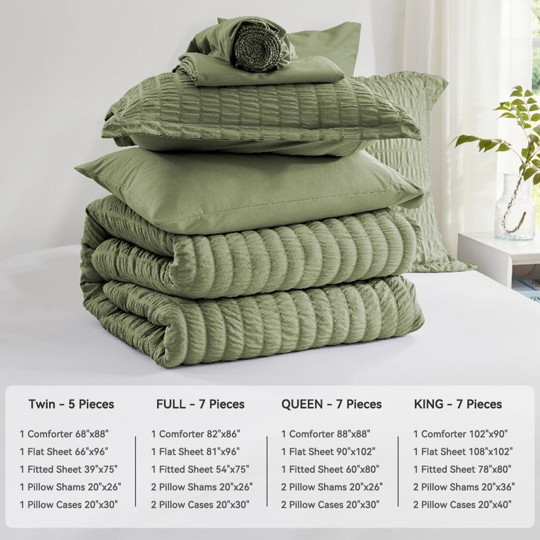 Zzlpp Queen-Bettwäsche-Set, 7-teilig, olivgrün, Seersucker-Bett in Einer Tasche mit Bettdecke und Be