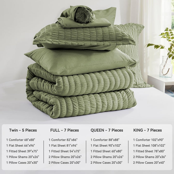 Zzlpp Queen-Bettwäsche-Set, 7-teilig, olivgrün, Seersucker-Bett in Einer Tasche mit Bettdecke und Be
