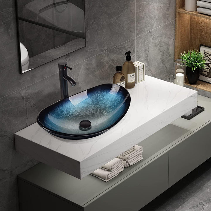 ARTETHYS Waschbecken Glas Aufsatzwaschbecken mit Wasserhahn Ablaufgarnitur, Oval Waschschale Waschti