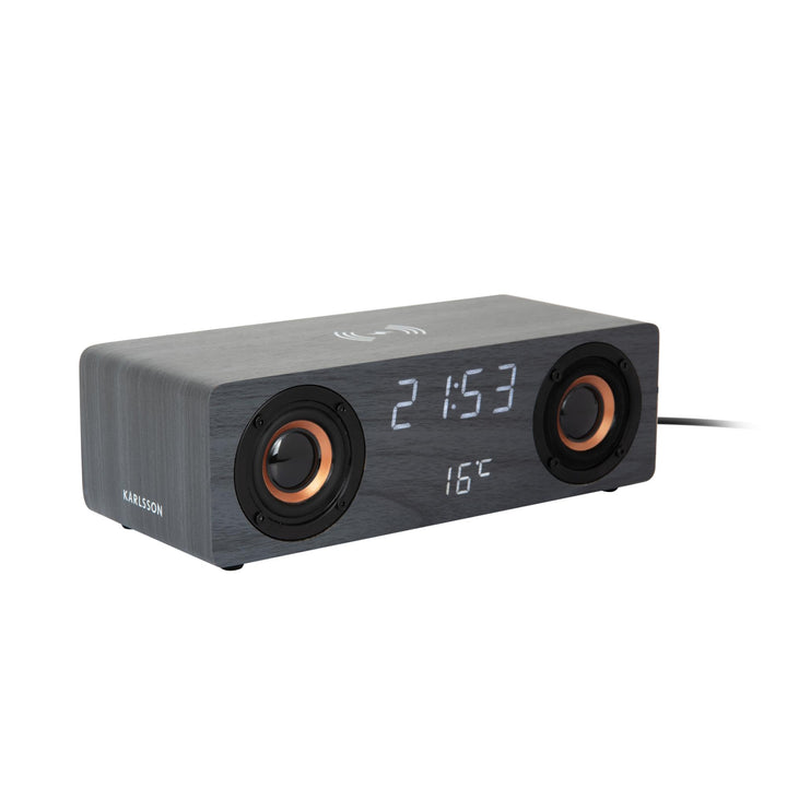 Karlsson Bluetooth Lautsprecher Funkwecker mit LED-Anzeige und kabellosem Laden (Schwarz)