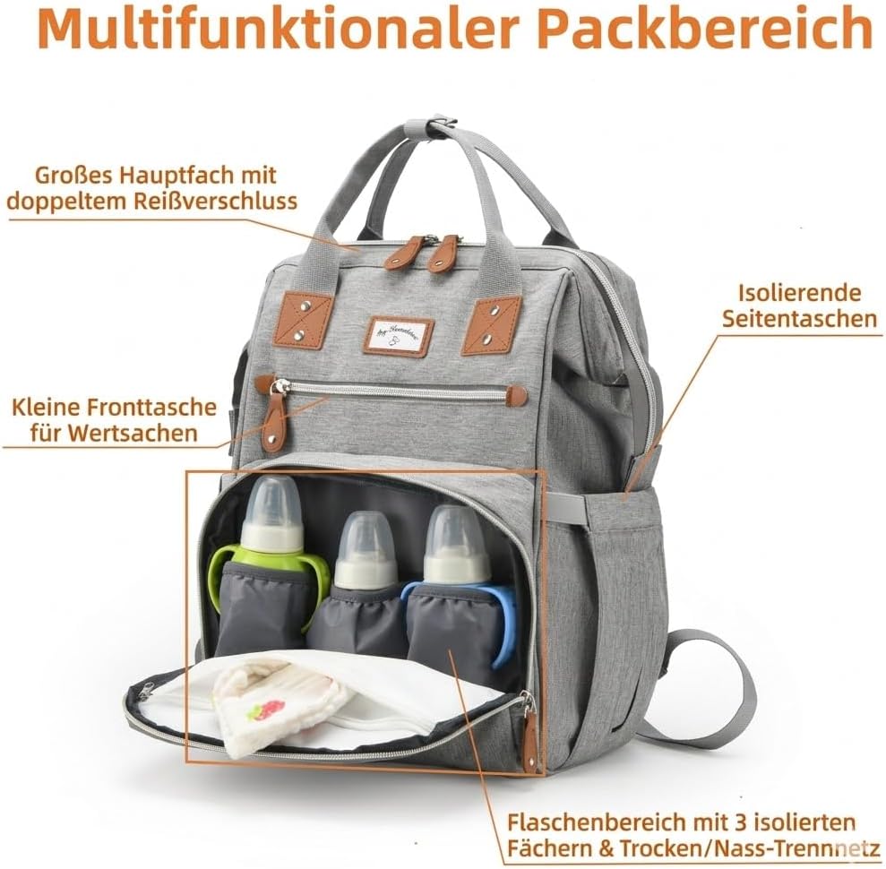 Wickelrucksack Gross inkl Wickelunterlage & Kühltasche, Modische Wickeltasche mit viel Stauraum, Was